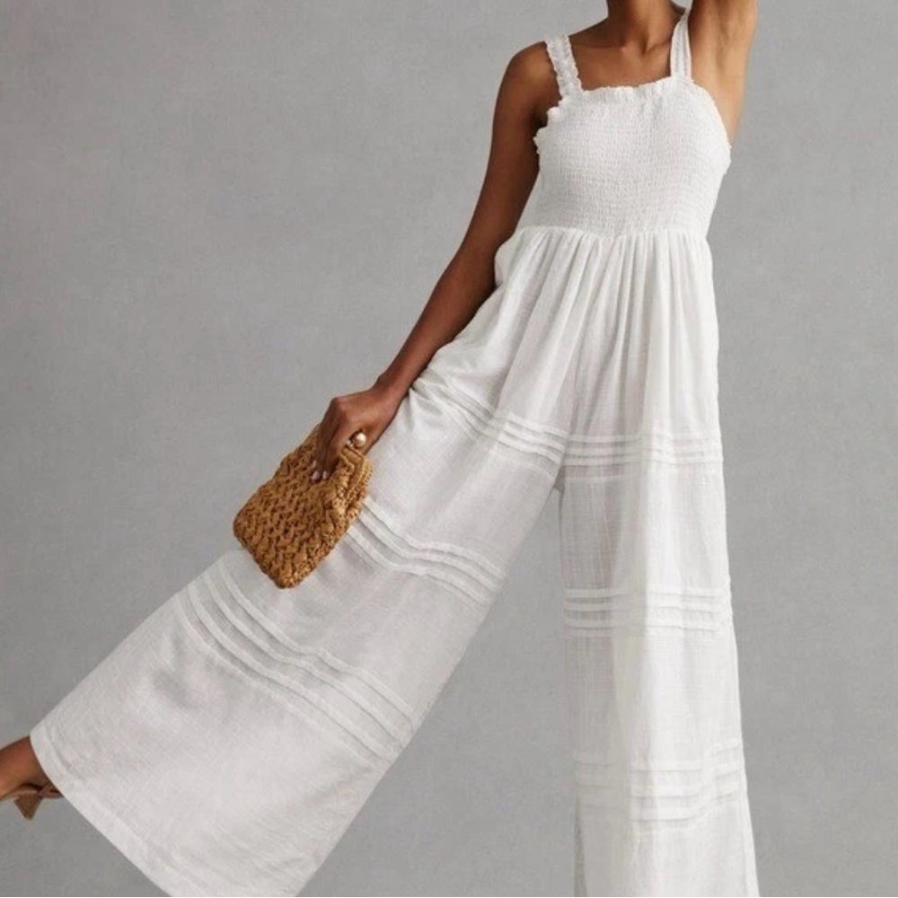 Anthropologie Barok Medium Lined White Wide Leg Romper.
